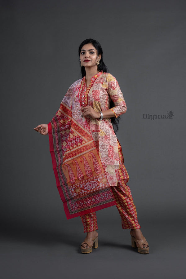 Red & Yellow Zari Kurta Set - mymaa
