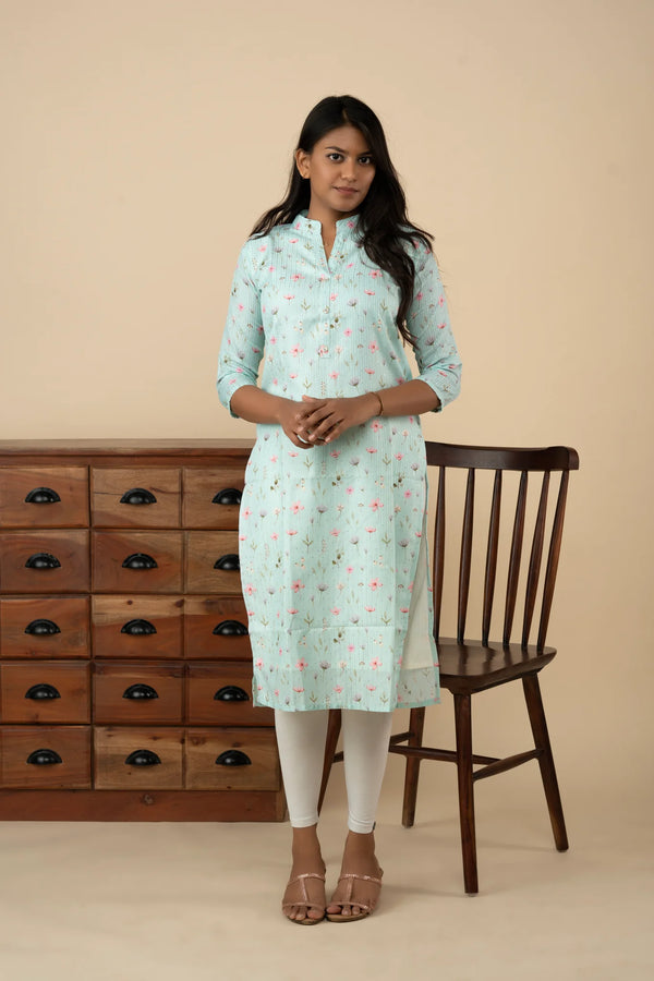 Mint Floral Digital Print Cotton Silk Kurti - mymaa