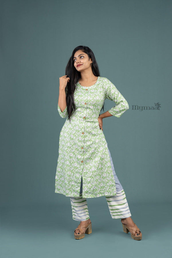 Mild Parrot Green Floral Kurta Set - mymaa