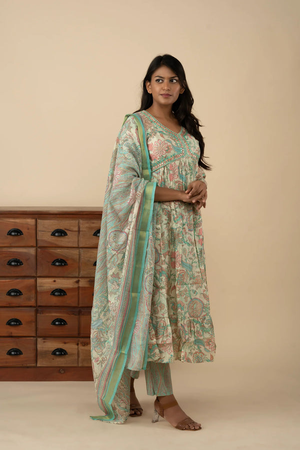 Green and Pink Aliya Cut Vintage Kurti Set - mymaa