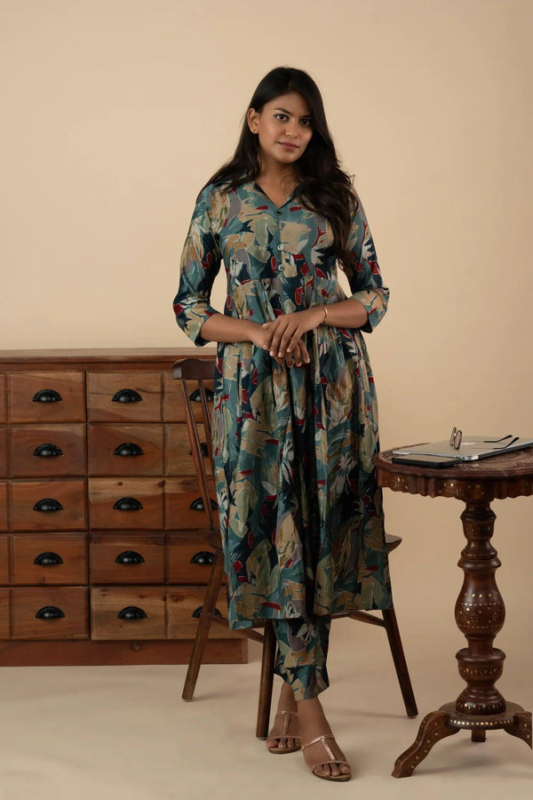 Floral Digital Printed Umbrella Collared Kurti Set - mymaa