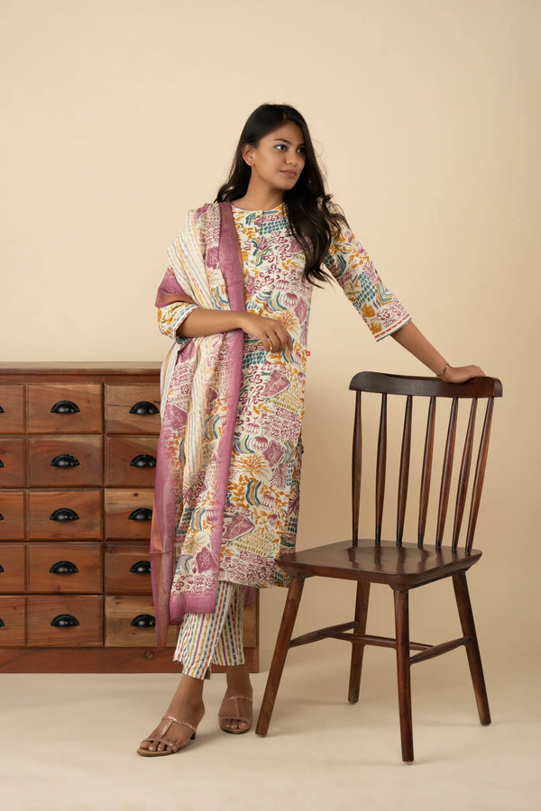 Wine and Half White Printed Kurti Set - mymaa