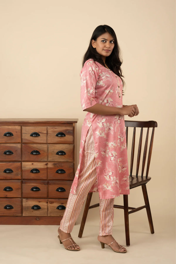 Pink Floral Pattern Kurti Set - mymaa