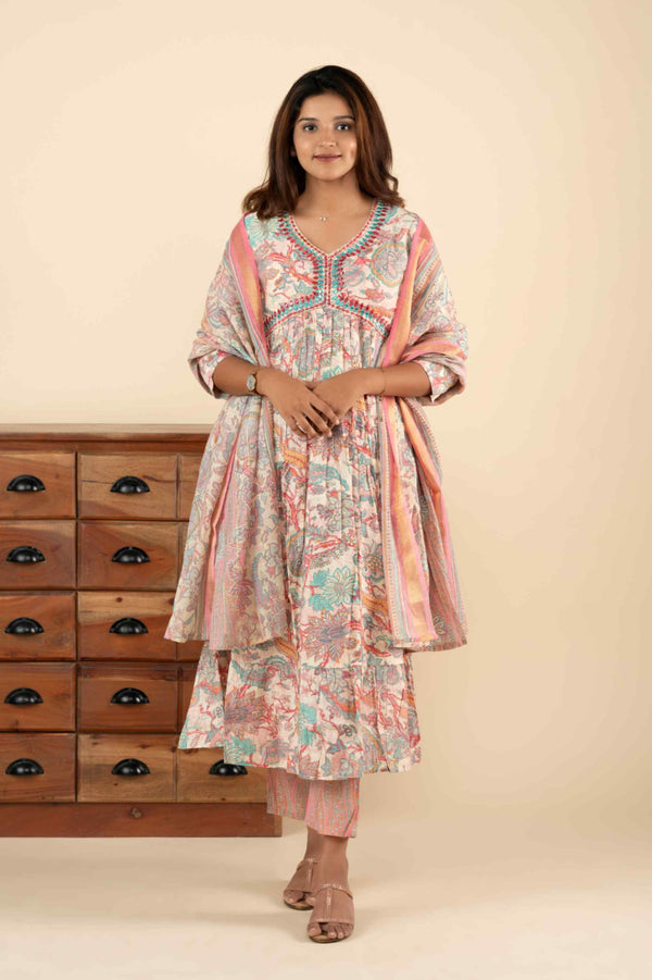 Pink and Blue Aliya Cut Vintage Kurti Set - mymaa