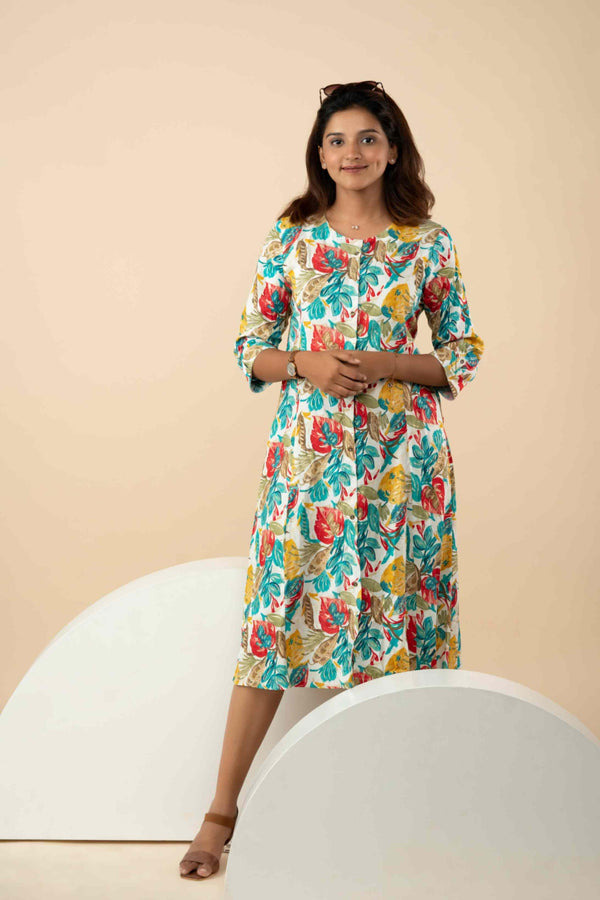 Women's Rayon Blend Multi-Coloured Floral Printed Kurta-Maxi - mymaa