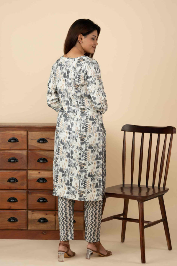 Black and White Printed Kurti Set - mymaa