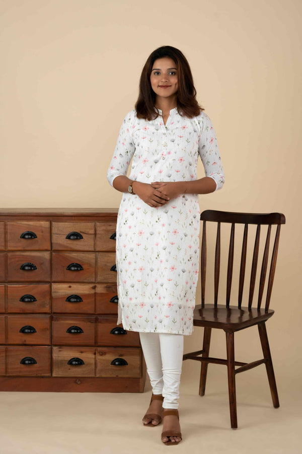 White Floral Digital Print Cotton Silk Kurti - mymaa