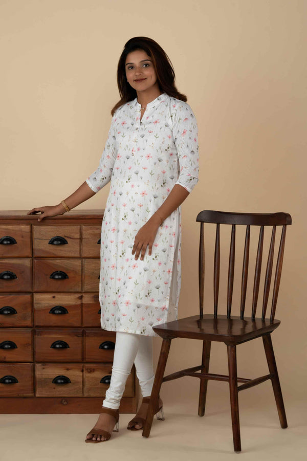 White Floral Digital Print Cotton Silk Kurti - mymaa