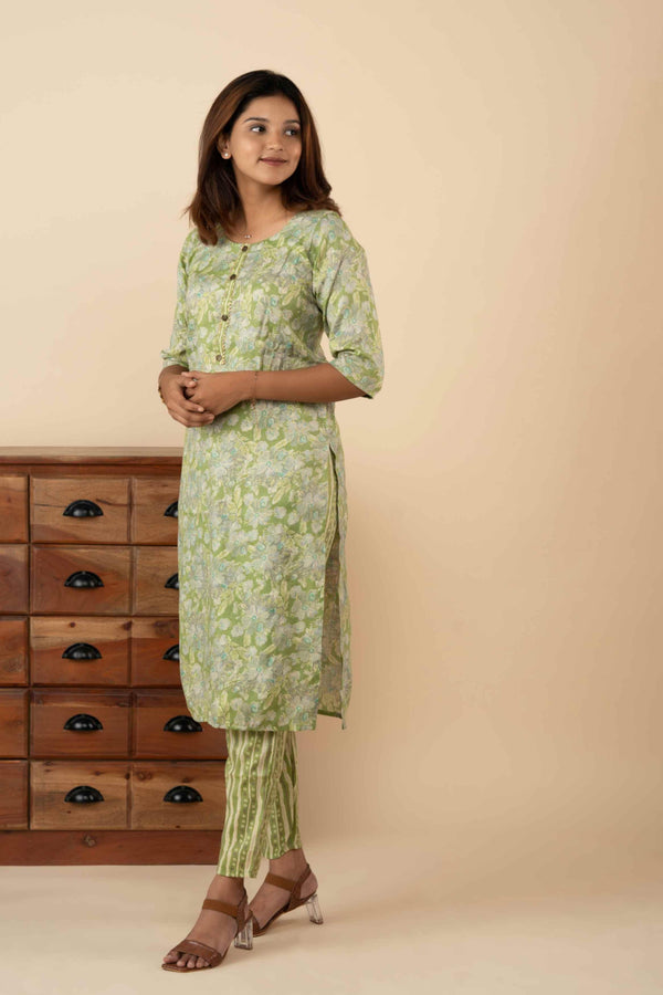 parrot green colour Chinoseire Printed Kurti Set - mymaa