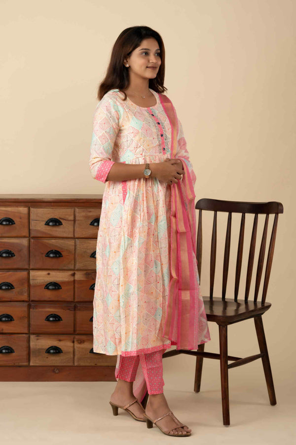 Pink and Cream Polka Dotted Harlequin Kurti Set - mymaa