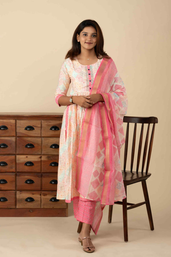 Pink and Cream Polka Dotted Harlequin Kurti Set - mymaa